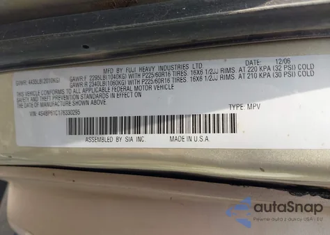 2007 Subaru Outback 2.5I Basic z USA, uszkodzony, nr VIN 4S4BP61C176330295